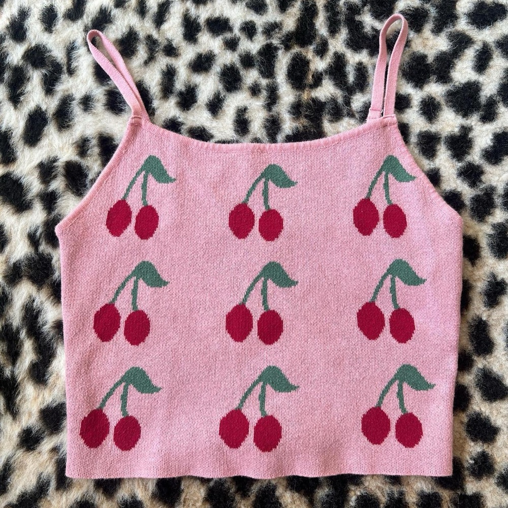 Pink Cherry Pattern Knit Cropped tank from urban outfitters, size small